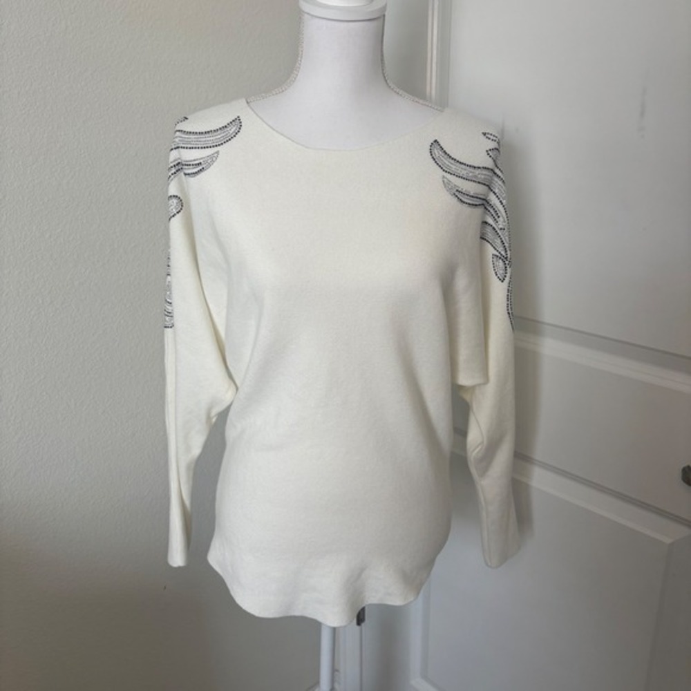 Liquid by Sioni Cream Embellished Rhinestone Dolman Sleeve Wool Blend Sweater S